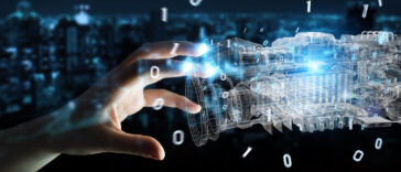 Businesswoman using wireframe holographic 3D digital projection