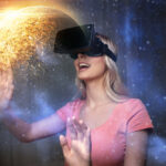 woman in virtual reality headset or 3d glasses