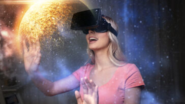 woman in virtual reality headset or 3d glasses