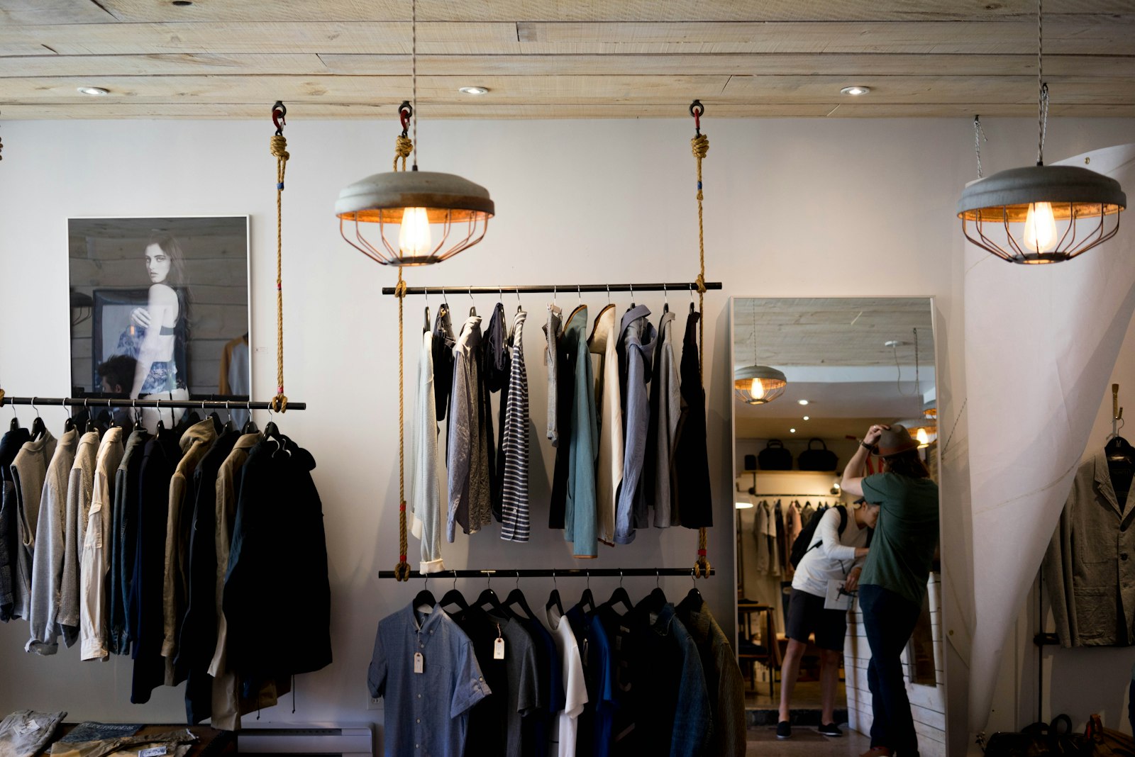 Clothing store interior with garments on display