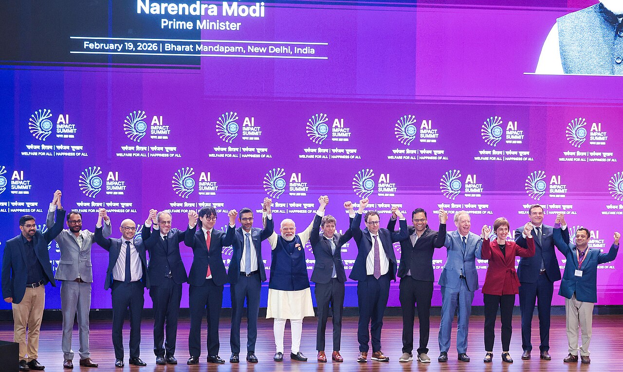 Prime Minister Modi with global tech leaders at India AI Impact Summit