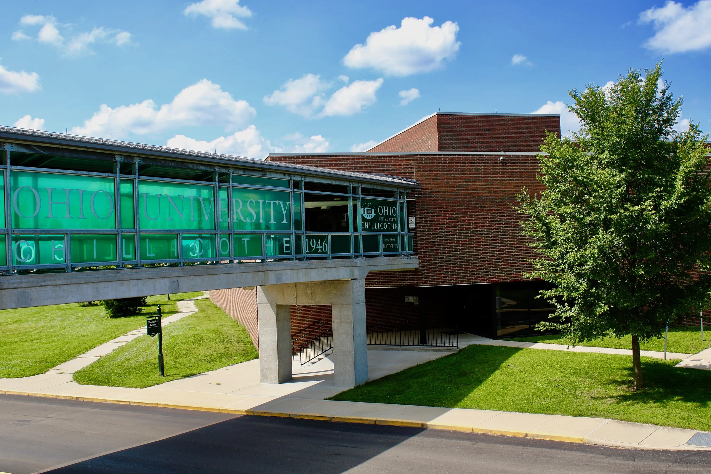 Shoemaker Center building on the Ohio University Chillicothe campus under a blue sky