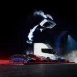 The next-generation Tesla Roadster flipping upside down through the air on cold-gas thrusters above a Tesla Semi and Model 3 and Model Y cars at night