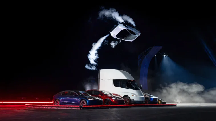 The next-generation Tesla Roadster flipping upside down through the air on cold-gas thrusters above a Tesla Semi and Model 3 and Model Y cars at night