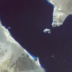 Satellite view of the Bab el-Mandeb strait between arid coastlines