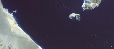 Satellite view of the Bab el-Mandeb strait between arid coastlines