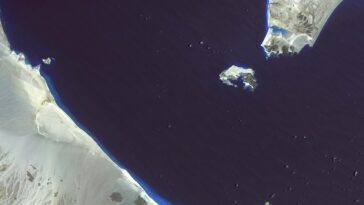 Satellite view of the Bab el-Mandeb strait between arid coastlines