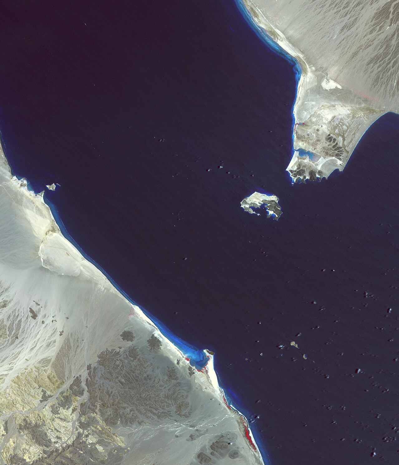 Satellite view of the Bab el-Mandeb strait between arid coastlines